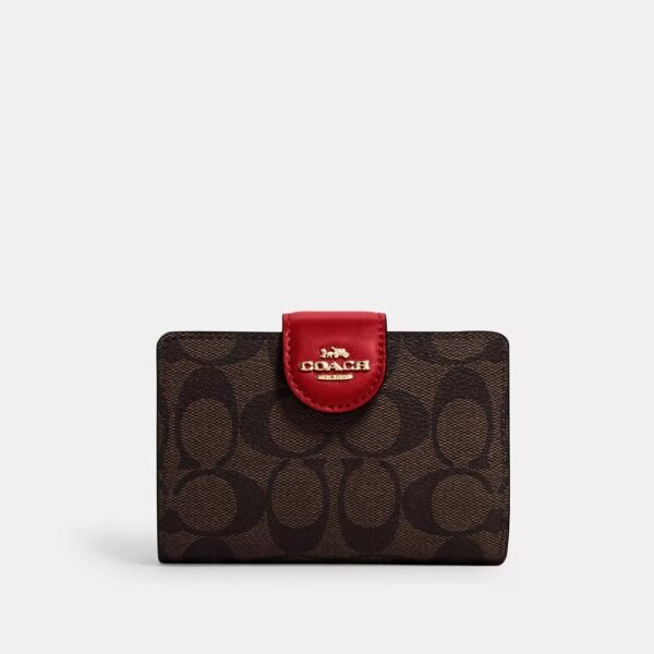 Coach Medium Corner Zip Wallet In Signature Canvas Gold Khaki Red