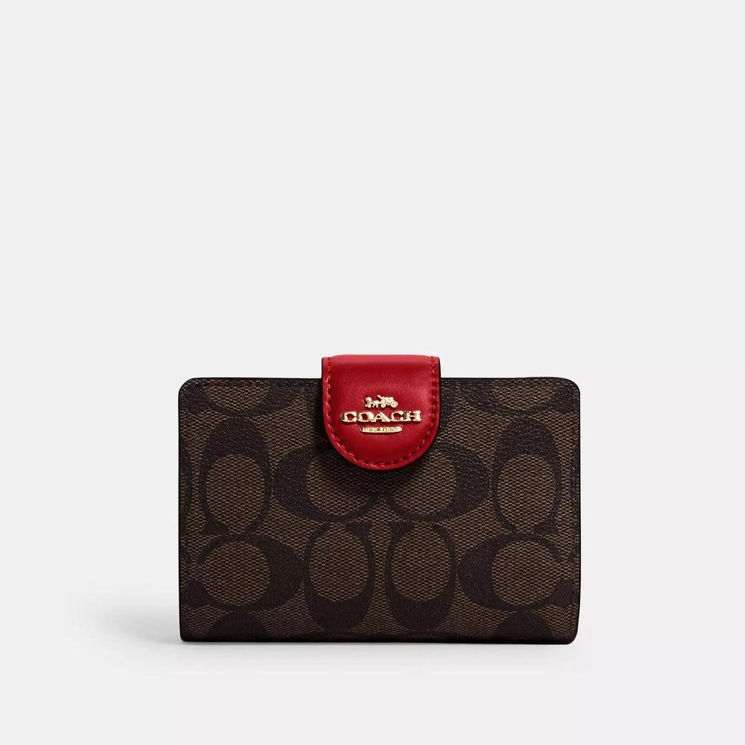 Coach Medium Corner Zip Wallet In Signature Canvas Gold/Khaki/1941 Red