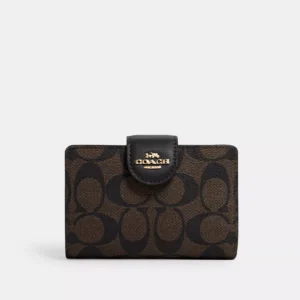 Coach Medium Corner Zip Wallet In Signature Canvas Gold/Brown/Black