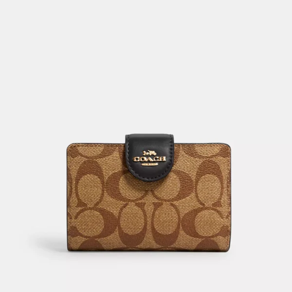Coach Medium Corner Zip Wallet In Signature Canvas Gold Khaki Black