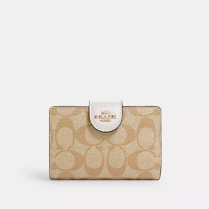 Coach Medium Corner Zip Wallet In Signature Canvas Gold/Light Khaki/Chalk