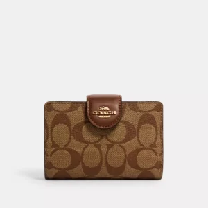 Coach Medium Corner Zip Wallet In Signature Canvas Gold/Khaki/Saddle