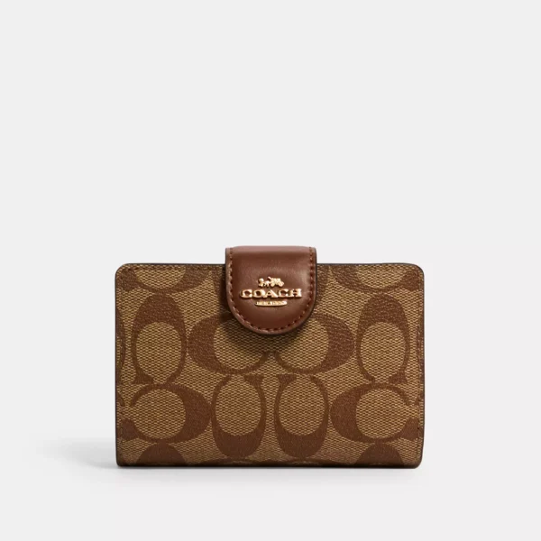Coach Medium Corner Zip Wallet In Signature Canvas Gold Khaki Saddle