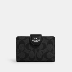 Coach Medium Corner Zip Wallet In Signature Canvas Silver/Graphite/Black