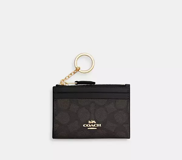 Coach Mini Skinny Id Case Signature Canvas Gold Walnut brown