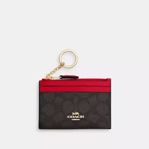 Coach Mini Skinny Id Case signature canvas/Gold/Walnut/Bold Red