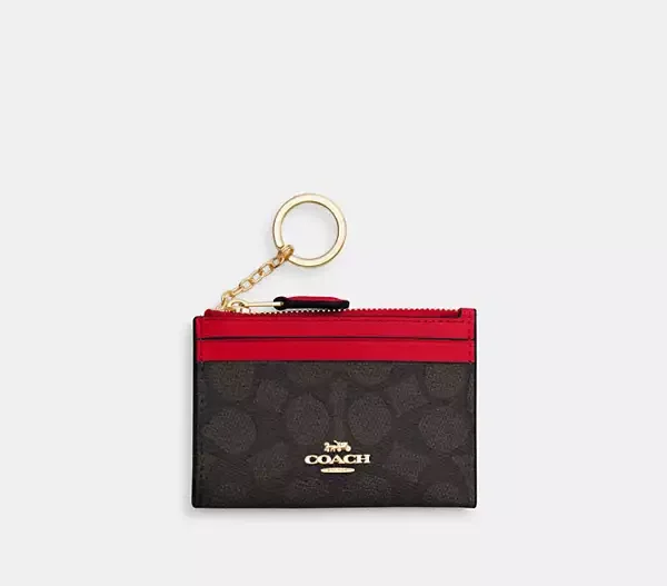 Coach Mini Skinny Id Case signature canvas Gold Walnut Bold Red