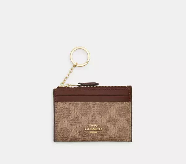 Coach Mini Skinny Id Case signature canvas Gold Tan Brown