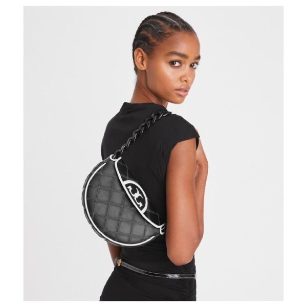 970092-5 Tory Burch MINI FLEMING SOFT CRESCENT BAG Black white stripe