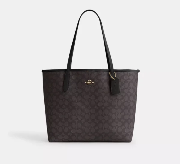 Coach City Tote Bag In Signature Canvas Walnut Black