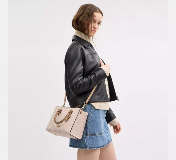 Coach Maggie Small Tote Bag In Blocked Signature Canvas Sand Tan