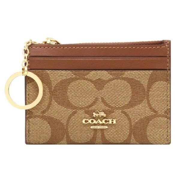 Coach Mini Skinny Id Case signature canvas Gold Khaki Saddle