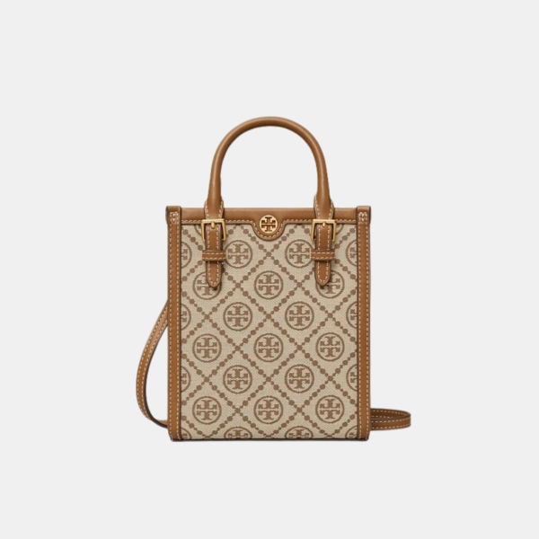 Tory Burch Mini T Monogram Contrast Embossed Tote Hazelnut