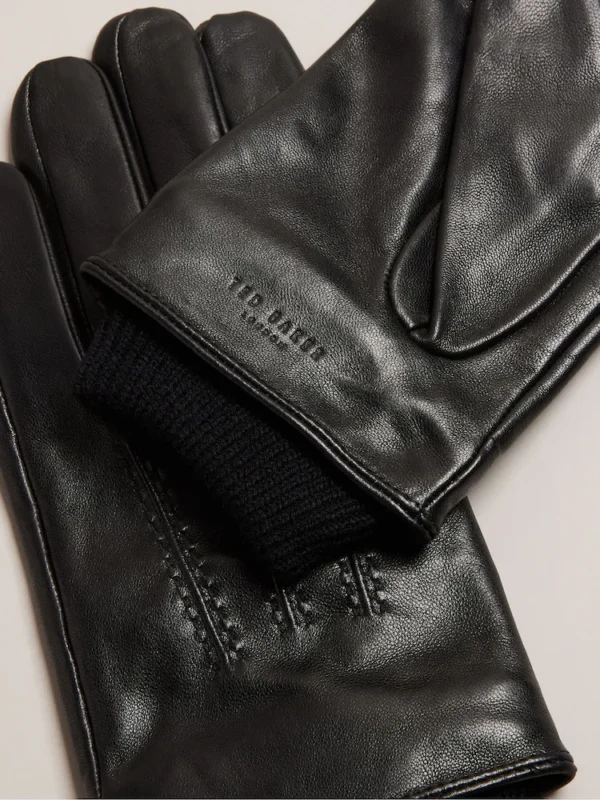 Ted Baker Black Ballat Leather Gloves With Ribbed Cuff