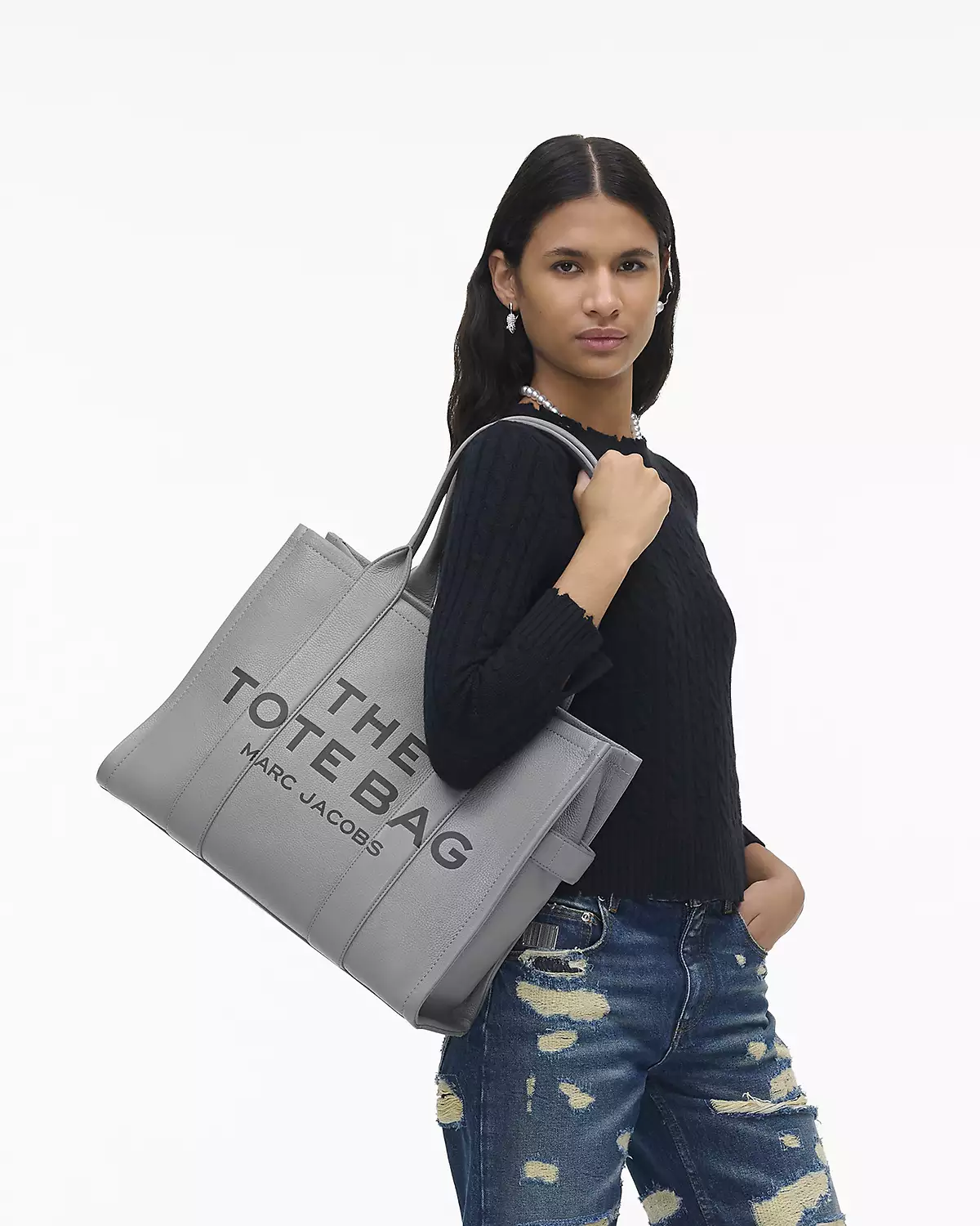 THE Marc Jacobs LEATHER LARGE TOTE BAG Wolf Grey