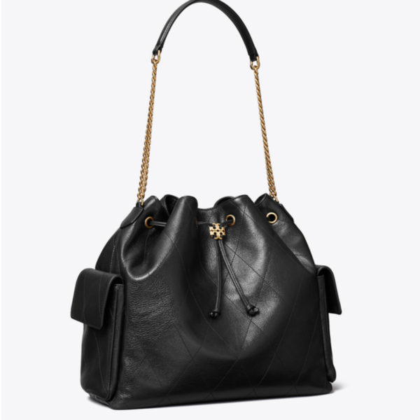 Tory Burch Large CHARLIE QUILTED DRAWSTRING SHOULDER BAG Black