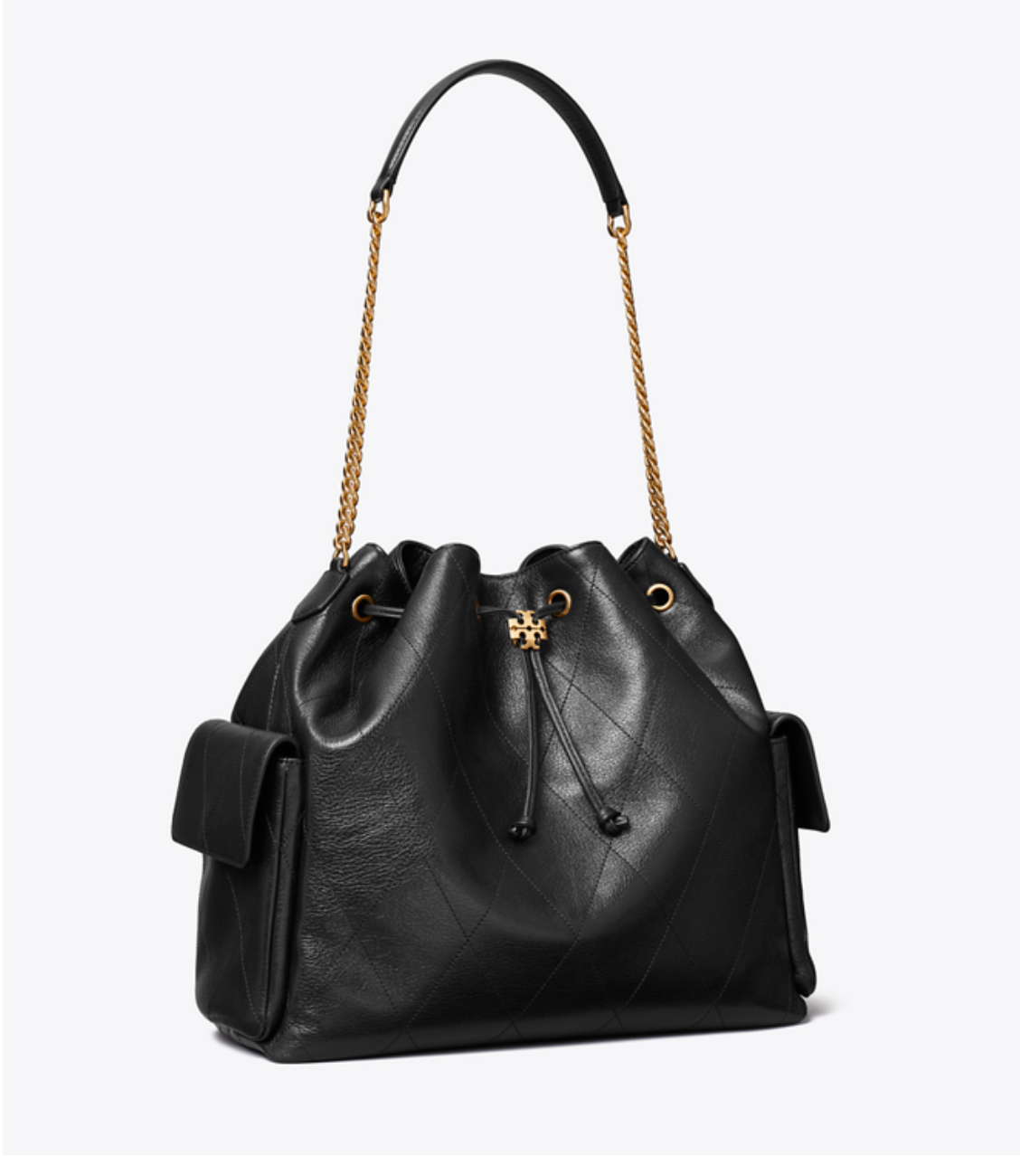 Tory Burch Large CHARLIE QUILTED DRAWSTRING SHOULDER BAG Black