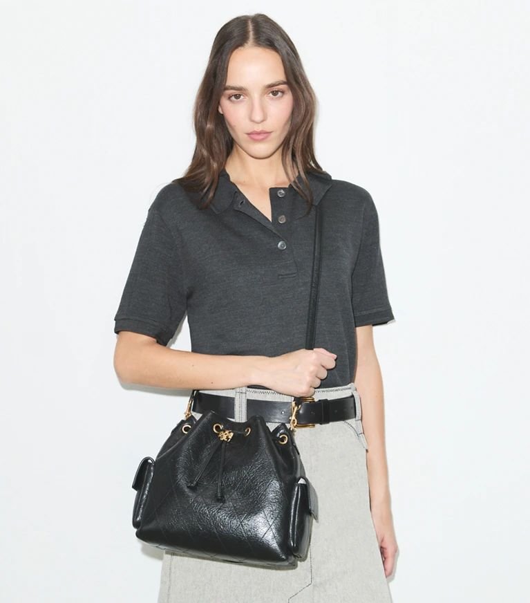 Tory Burch CHARLIE QUILTED DRAWSTRING SHOULDER BAG Black